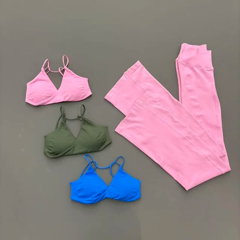 2Pcs Sports Set Women Seamless Front Tie Crossover Bra Crossover Waist Flare Leggings Sets Gym Fitness Workout Sports Sets