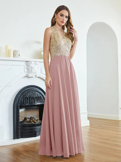 Elegant Long Prom Dresses Patchwork A-Line Evening Dress Chiffon Embroidery Appliques V-Neck Halter Illusion Back Party Gowns