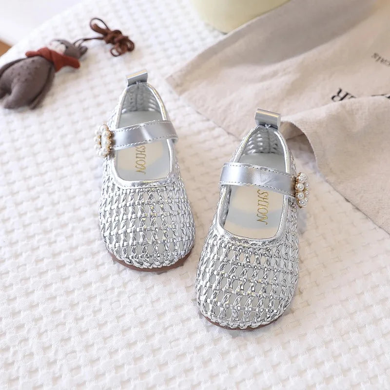 Spring Girl's Sandals Braided Pearl Hook-loop Chic Kid's Flat Shoe Solid Colors Anti-slip Casual Versatile Children Shoes 4-6Y
