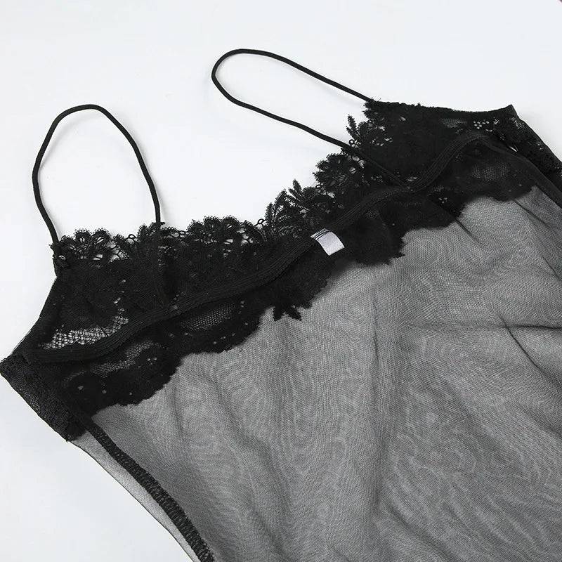 Lace Transparent Mini Dress Sexy Women Wrapping Spaghetti Embroidery Flower Sheath Nightwear Club Mesh Wave Fantacy