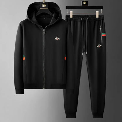 Spring Autumn Men's Sets Luxury Bee Printed Zipper Sweatshirt Solid Color Leisure Sports Elastic Wasit Pants Man Suits
