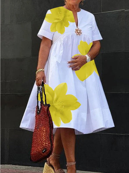 Women's Summer New Dress 2025 V-Neck Pleated Short Sleeves White Loose Flower Print Casual Midi Dresses for Woman