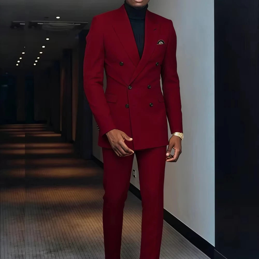 Double-Breasted Smoking for Daily Purple Two-Piece Men's Suit with Peak Lapel Graduation Party Wedding Jacket Casual Wear