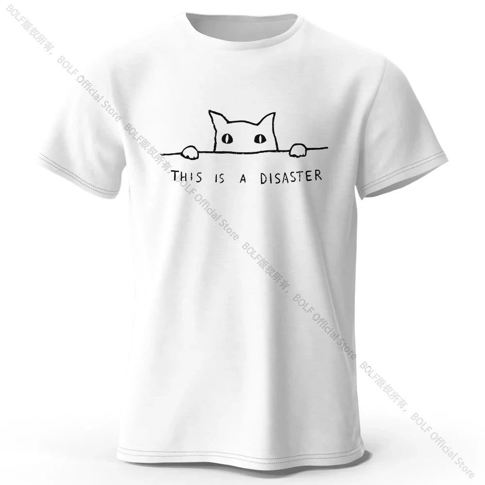 Minimalist Line Art Cat Print 100% Cotton T-Shirt, Soft & Breathable Round Neck Short Sleeve Tee, Unisex Simple & Stylish