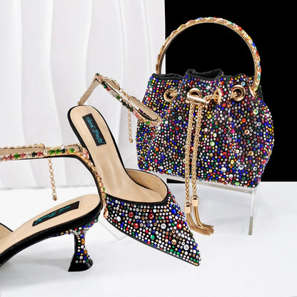 African popular pointed toe shoes anklet design and metal handle soft small bag high heels party shoes for women