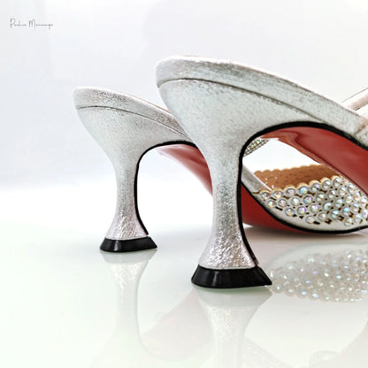 Hot Selling Italian Design African Women's Crystal High Heel Toe Sandals Party Wedding Party Silver Shoes and Bag Set