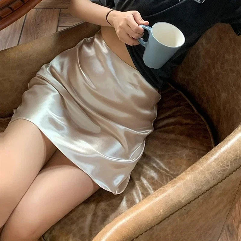2026 Summer Lady High Waist Thin Acetate Satin Skirts Lady Solid Color A-line Dresses Girls Chic Korean Fashion Skirts