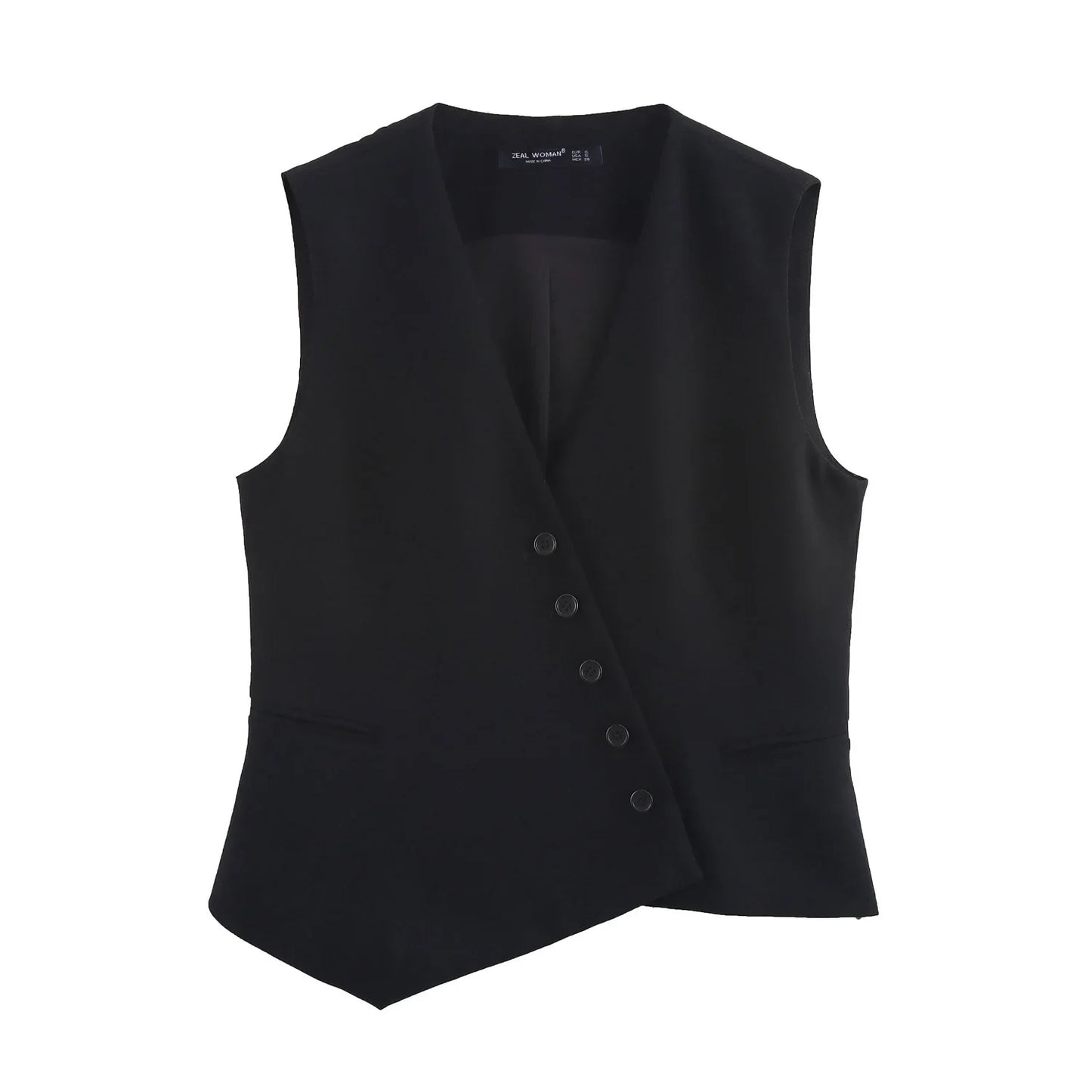 Casual Women Solid Tops Asymmetric V-Neck Single Breasted Pockects Sleeveless Vest Fashion 2025 Autumn Blazer Tops