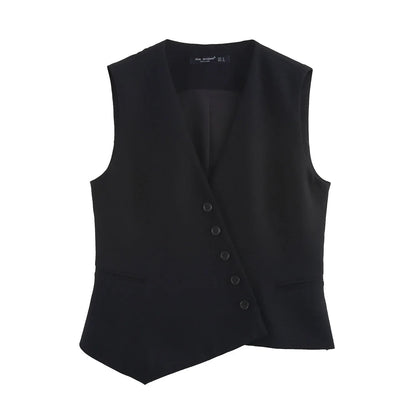 Casual Women Solid Tops Asymmetric V-Neck Single Breasted Pockects Sleeveless Vest Fashion 2025 Autumn Blazer Tops