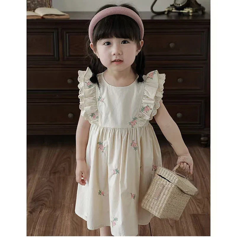 Summer Girls Dress Children's Clothing Bow Embroidered Flower Collar Girl's Dress Cartoon Printed Flying Sleeves Princess Dress