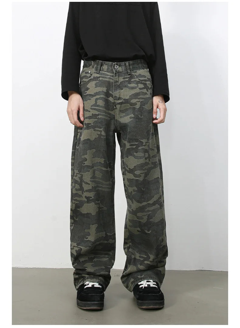Tide Camouflage Jeans Men's Ins Loose Straight Wide Leg Casual Denim Pants Loose Male Trousers 12C2036
