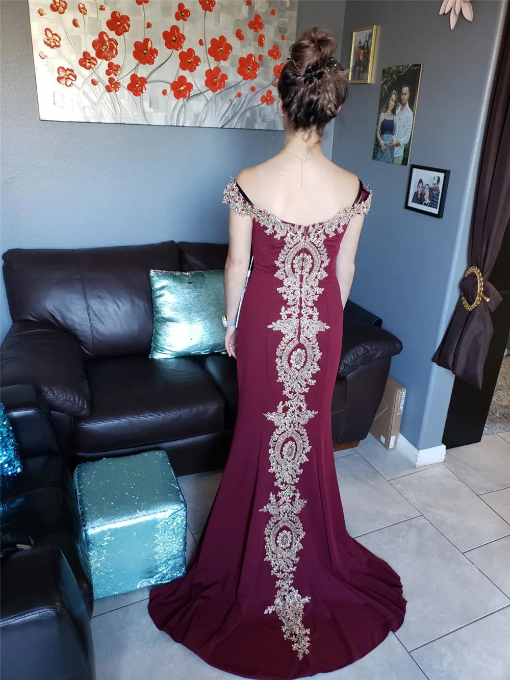 Gold Rose Lace Mermaid Prom Dresses For Women Burgundy Long Sexy Open Back Cap Sleeve Elegant Evening Party Gown Vestido de Gala
