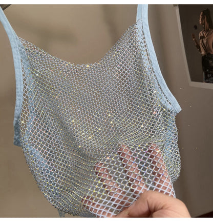 Summer New Mesh Diamond Crystal Short Halter Top AB Color Diamond Sexy Inner Shining Waistless Tops