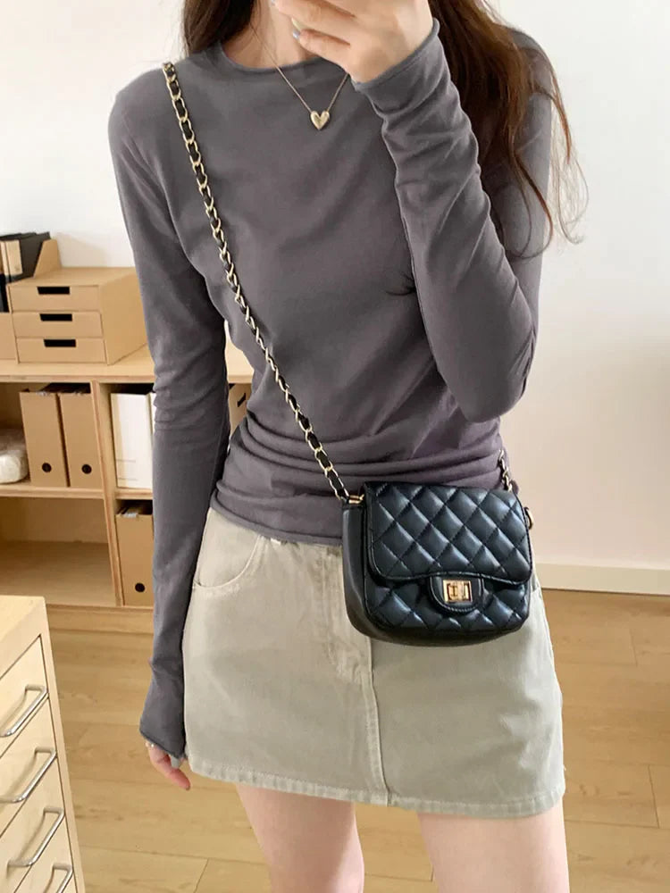 2024 Spring Autumn T shirt Women Tops Solid Slim Fit Long Sleeve O Neck Tshirts Female Casual Streetwear High Quality Base Tees