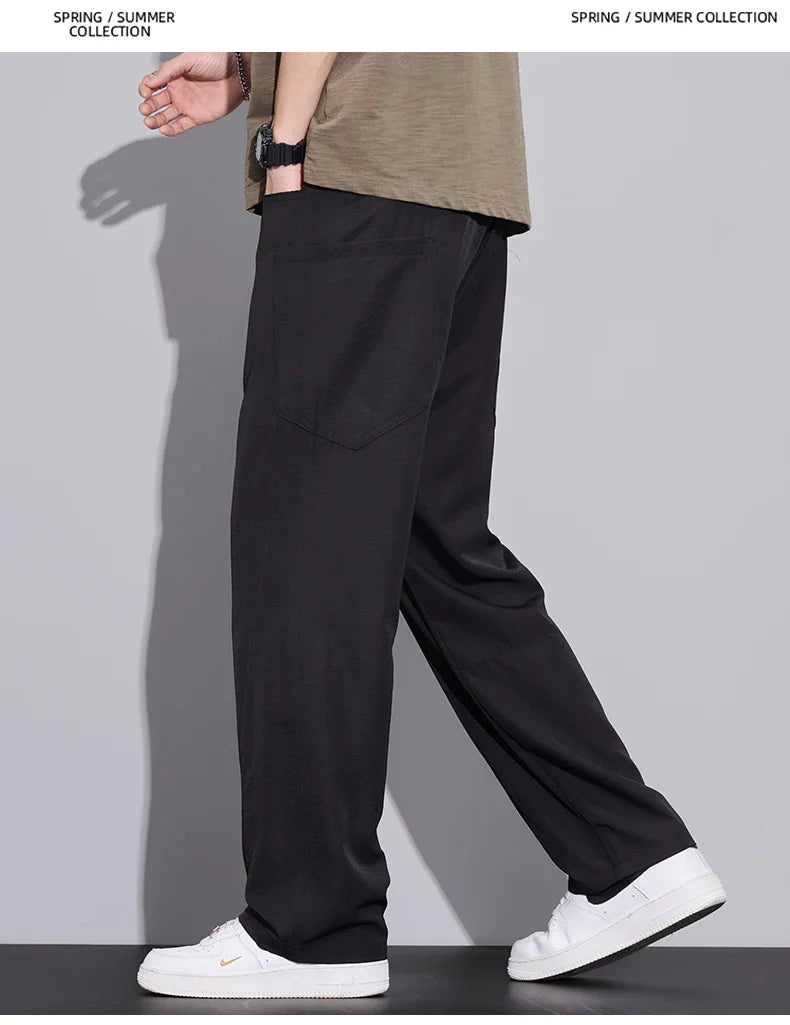 2026 Summer Thin Men's Loose Pants with Large Pockets Work Style Casual Straight Solid Color Male Simple Baggy Pants