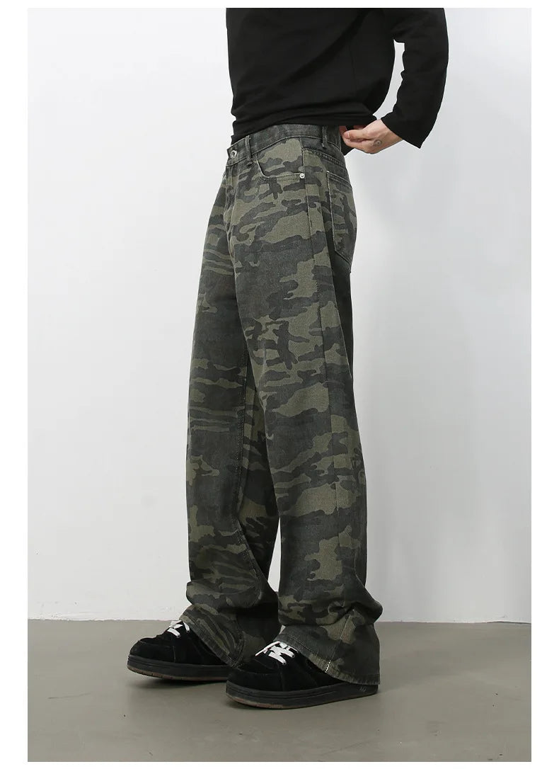 Tide Camouflage Jeans Men's Ins Loose Straight Wide Leg Casual Denim Pants Loose Male Trousers 12C2036