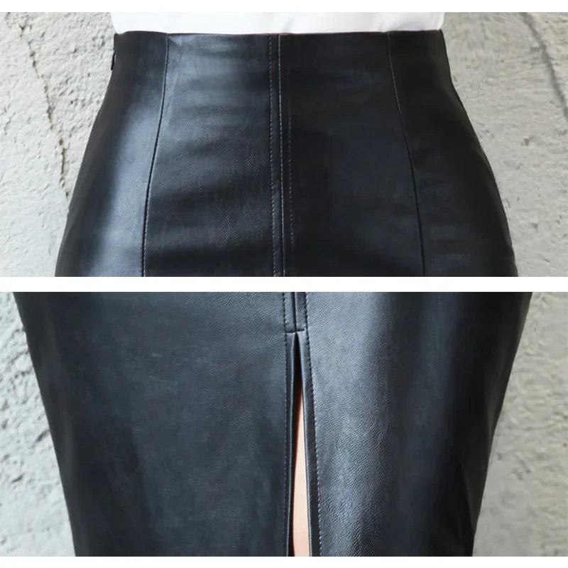 Front and back double-sided summer new leather skirt, hip hugging slim fit middle skirt, split leather skirt, half body skirt