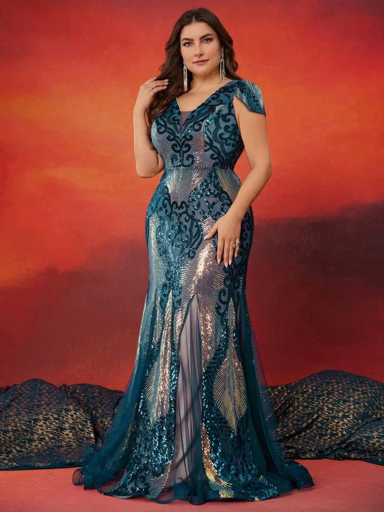 Plus Size Luxurious Short Sleeve Sequin Formal Evening Dress Women Elegant  Mermaid Party Cocktail Gown Special Event