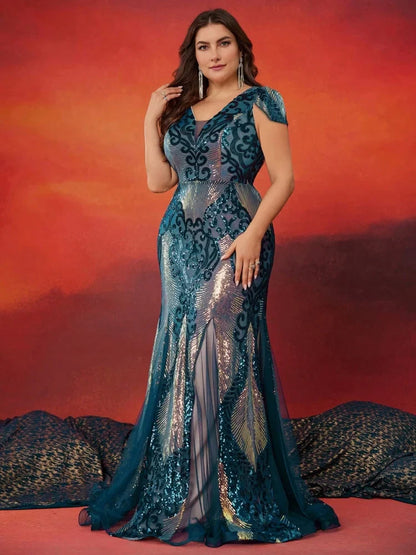Plus Size Luxurious Short Sleeve Sequin Formal Evening Dress Women Elegant  Mermaid Party Cocktail Gown Special Event