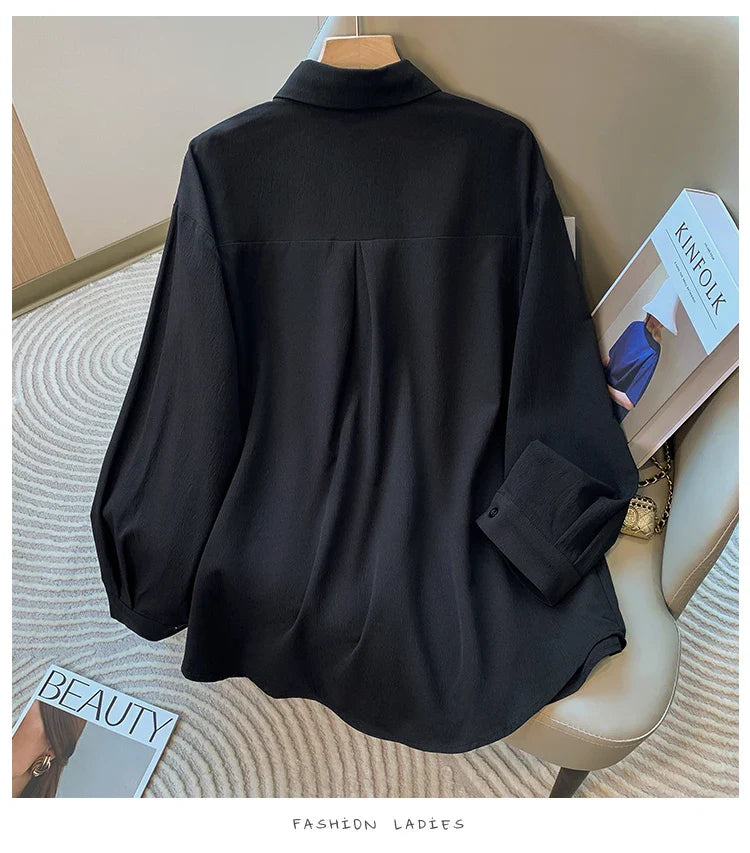 2026 Women's Plus Size Blouse Korean Style Spring Autumn Loose Elegant Casual Mid-length Tops Long Sleeved Waist Cinching Shirts