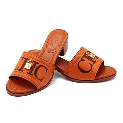 Fashion Monogram Print Elegant Design Women's Low Heeled Slippers Solid Color High Quality Metal Lock Simple Single Shoes
