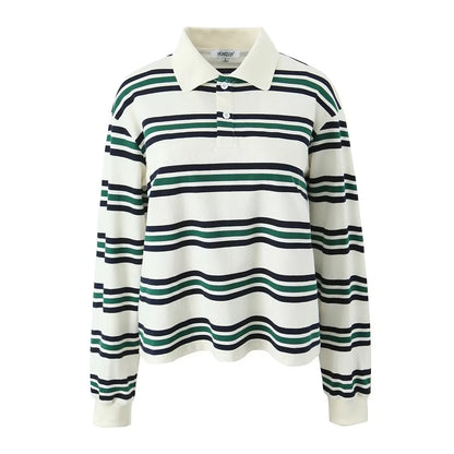 2025 Summer Ladies Polo Shirts Woman Long Sleeve Crop Top Striped Vintage Clothes Polo Shirts Mujer Streetwear Casual Tops Brown
