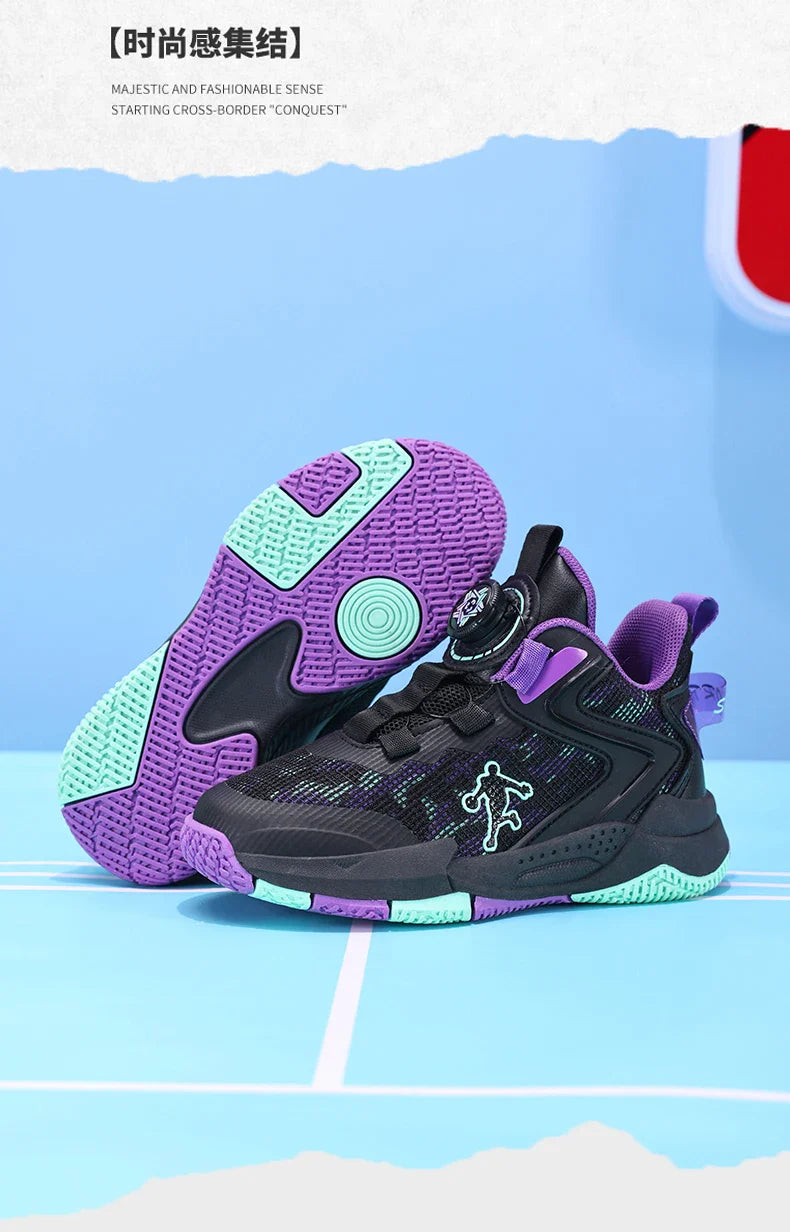 Rotary Buckle Kids Basketball Sneakers Boys Brand Sneakers Mesh Breathable Children's Basketball Shoes Outdoor Sports Shoes Girl