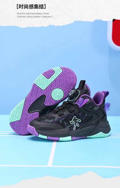 Rotary Buckle Kids Basketball Sneakers Boys Brand Sneakers Mesh Breathable Children's Basketball Shoes Outdoor Sports Shoes Girl