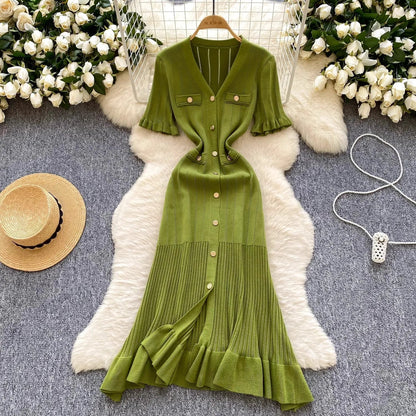 Fashion Vintage Knitted Long Dress Spring Summer Women Elegant V-neck Ruffled Bodycon Sweater Dress Party Vestido