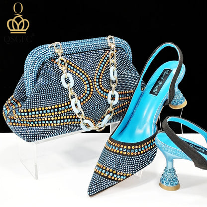 Sky Blue Pointed Toe 2024 New Arrivals Women High Heels Sexy Ladies Shoes and Bag to Match Italian Pumps for Wedding