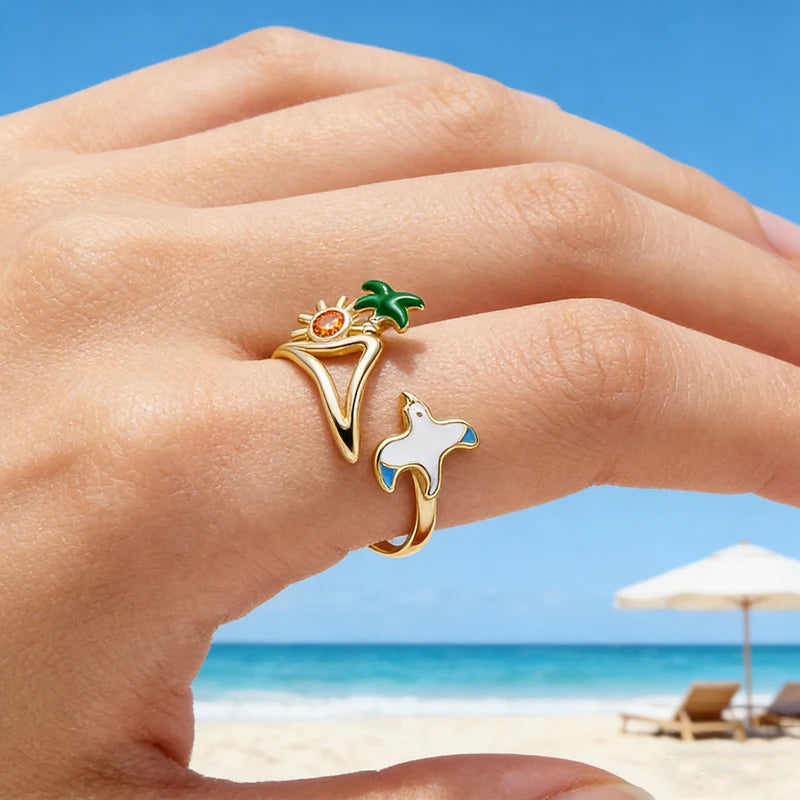 925 Sterling Silver Seagull & Island Open Ring, Adjustable Beach Vacation Rings Boho Style Jewelry with Green Palm