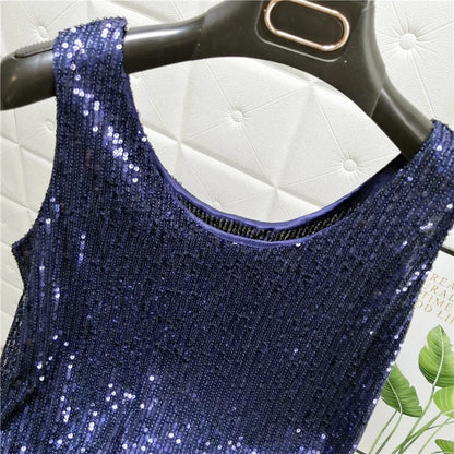 Sparkling Sequins Round Neck Vest Women's Outer Wear 2022 Summer New Bright Silk Fashion Glitter Bottoming Shirt Suspender Top