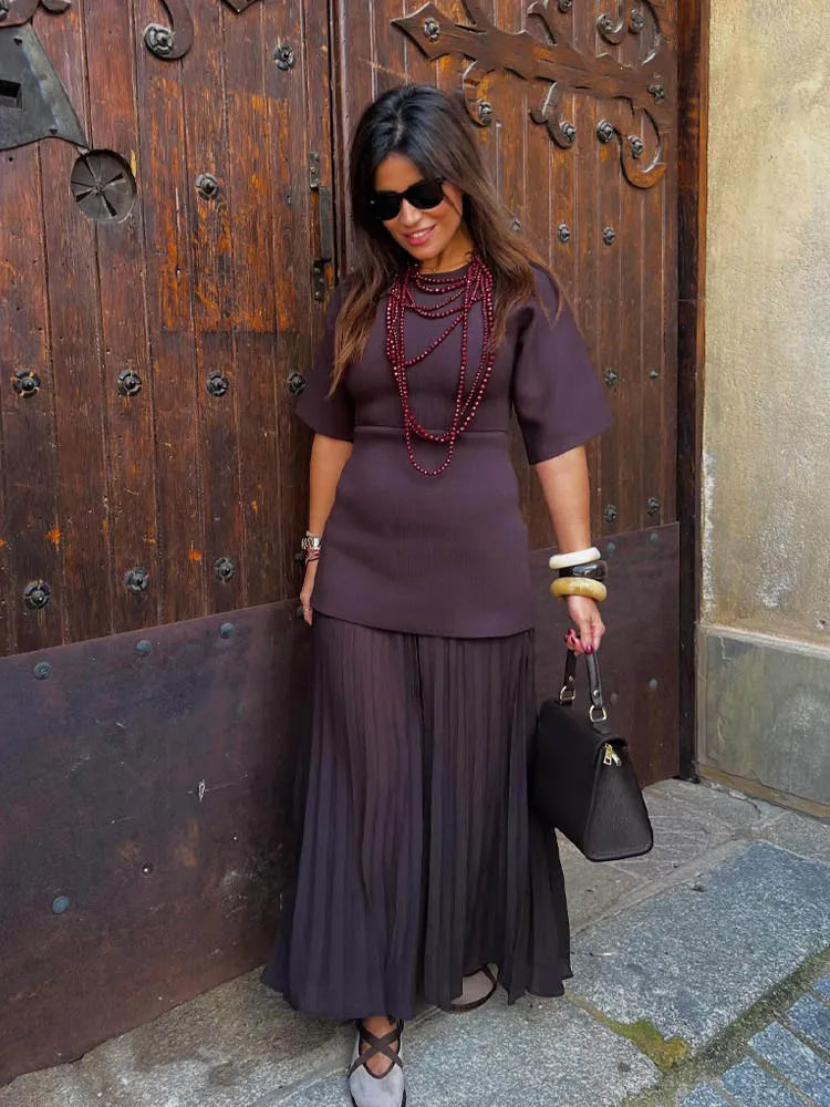 Women Elegant Half Sleeves O-Collar Pleated Dress Spring Woman Rear Zipper Splicing Vintage Casual Knitted Long Dress