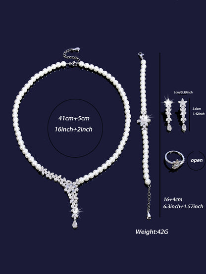 New Trendy Pearl Tassel 40cm Necklace Earring 4PCS Jewelry Set For Women Wedding Party Full Zircon Dubai Bridal Jewelry Set Gift