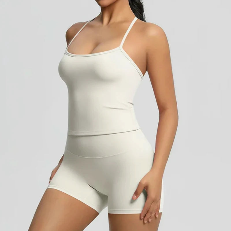 Women's yoga exercise set, popular slim shoulder yoga vest paired with high waisted, waist hugging, naked yoga three part shorts