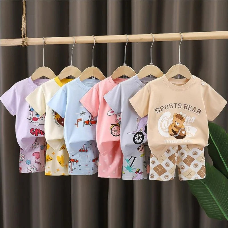 Kids Boys Short Sleeves Tees+Shorts 2-piece Clothes Set Cartoon Dinosaur Bear Summer Girls Soft Cotton Sports Casual Suit 1-6 Y