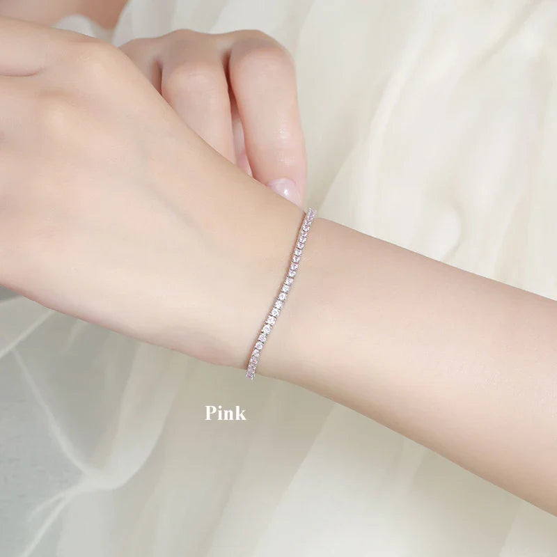 Full 2mm Violet Pink Blue White 5A Zircon Tennis Bracelet for Woman S925 Silver High Carbon All Colored Gemstone Bracelets