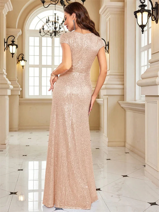 New Luxury Blue V-Neck Sequin Evening Dresses Elegant 2025 Women Party Maxi Dress Gowns Long Cocktail Dresses Gowns Prom