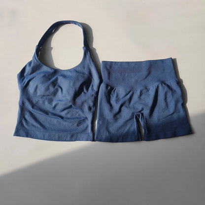 Sexy Halter Neck Beautiful Back High Waist Peach Sports Bras Shorts Suit Pilates Gathering Yoga Vest Training Fitness Bra Sets