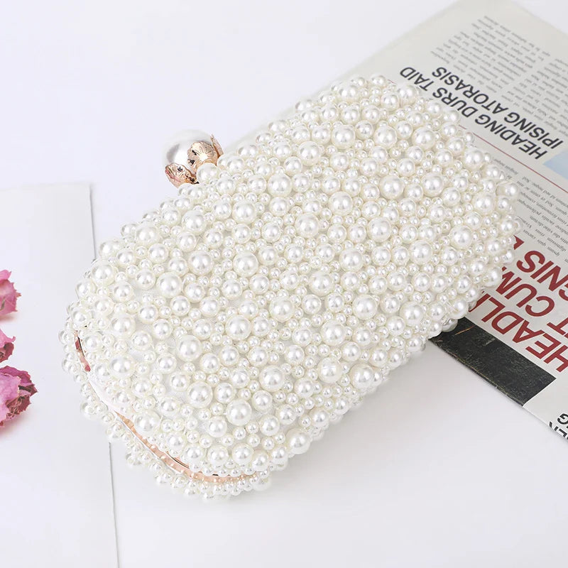 Fashion Elegant Women White Beige Luxury Special Crystals Beaded Pearl Evening Clutch Bags Wedding Party Handbag Beaded