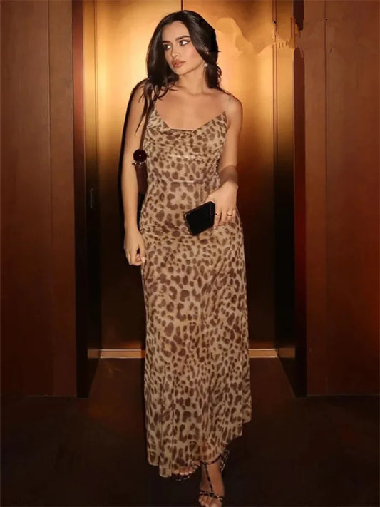 Leopard Print Tulle Slip Dress Woman Backless Summer Long Dresses For Women Vintage Sexy Party Dresses Midi Holiday Dress