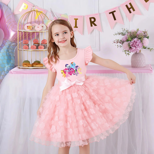 My Little Ponys Girls Summer Dress Cartoon Bow Tutu Dress 3D Butterfly Cotton Party Casual Dress for Baby 2-6Y