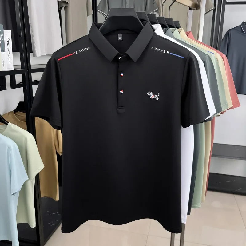 New Business Men's Lapel Polo Shirt High End Design Cartoon Dog Print Short Sleeve T-Shirt Summer Fashion Breathable Men's Wear
