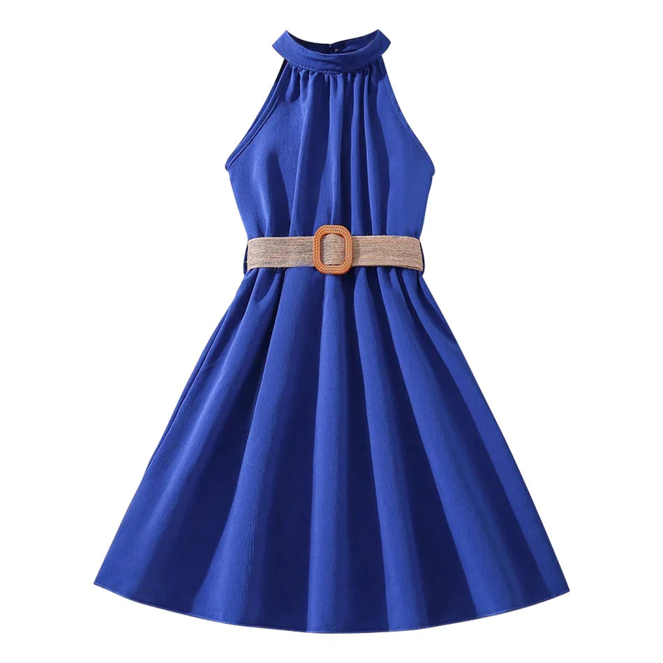 Elegant Summer Princess Dress for Teen Girls with Halter Neck and Off-Shoulder Children Sleeveless Casual Clothes with Belt