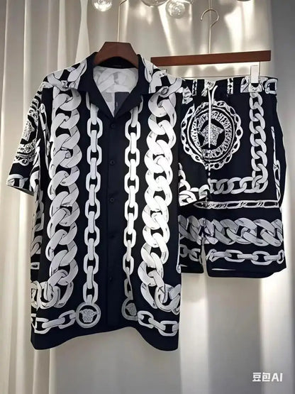 Fashion Men's Hawaiian Shirt Sets 2025 Runway Luxury Famous Brand European Design Party Style Conjuntos De Ropa Para Hombre