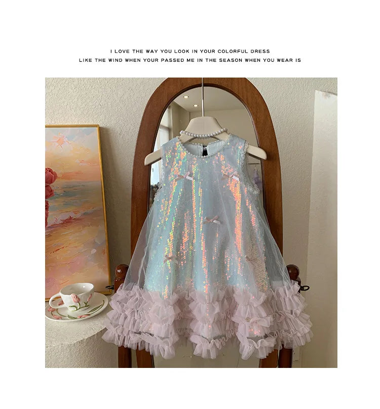 Kids Girls Fairy Princess Dress Sleeveless Bow Sequined Cake Dress Children Puffy Skirt Birthday Party Vest Tulle Dresses