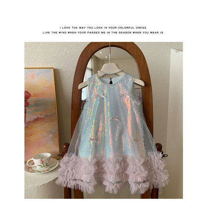 Kids Girls Fairy Princess Dress Sleeveless Bow Sequined Cake Dress Children Puffy Skirt Birthday Party Vest Tulle Dresses