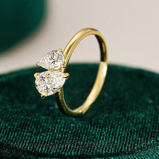 100% 18K real gold moissanite double stone ring for women, square water drop exaggerated ring, high-end jewelry for girlfriend