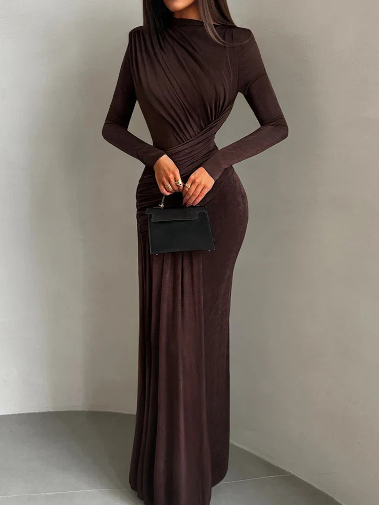 Maxi Dress Women o-Neck Full Sleeve Solid Banquet Elegant Vacation Fashion Autumn Skinny Casual Simple Vestido
