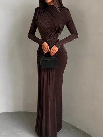 Maxi Dress Women o-Neck Full Sleeve Solid Banquet Elegant Vacation Fashion Autumn Skinny Casual Simple Vestido